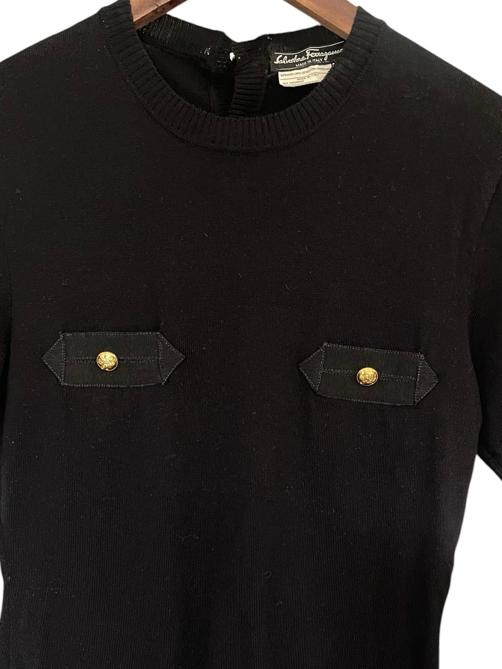 Vintage Salvatore Ferragamo Black Virgin Wool Top S Gold Gancini Buttons - Picture 3 of 10
